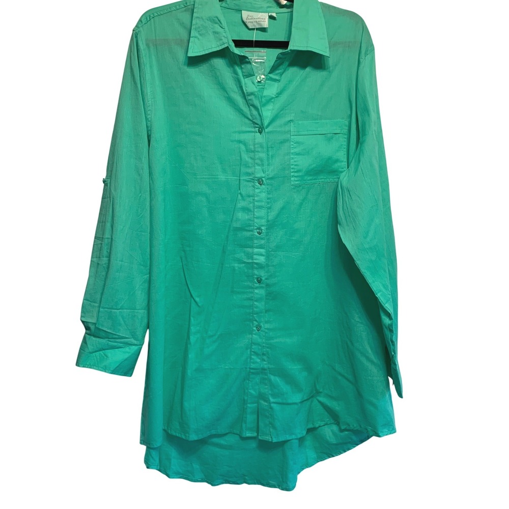 NEW True Destinations Button Down Shirt XL Green Coastal Classic Cotton High Low